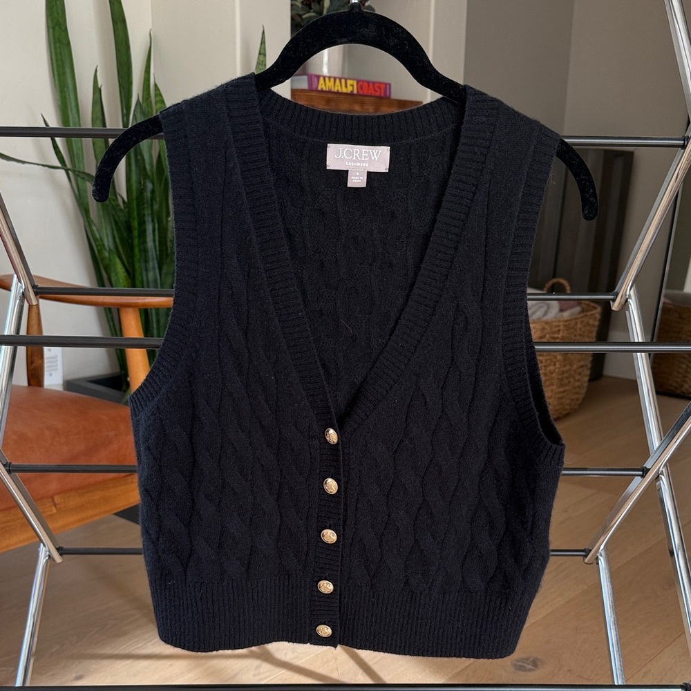 J. Crew Black Cable-Knit V-Neck Sweater Vest with Gold Buttons